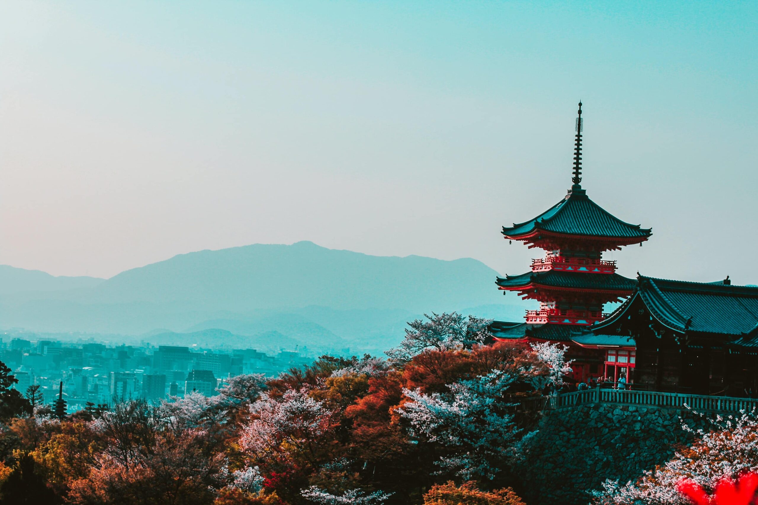 paisaje japones con pagoda y monte Fuji