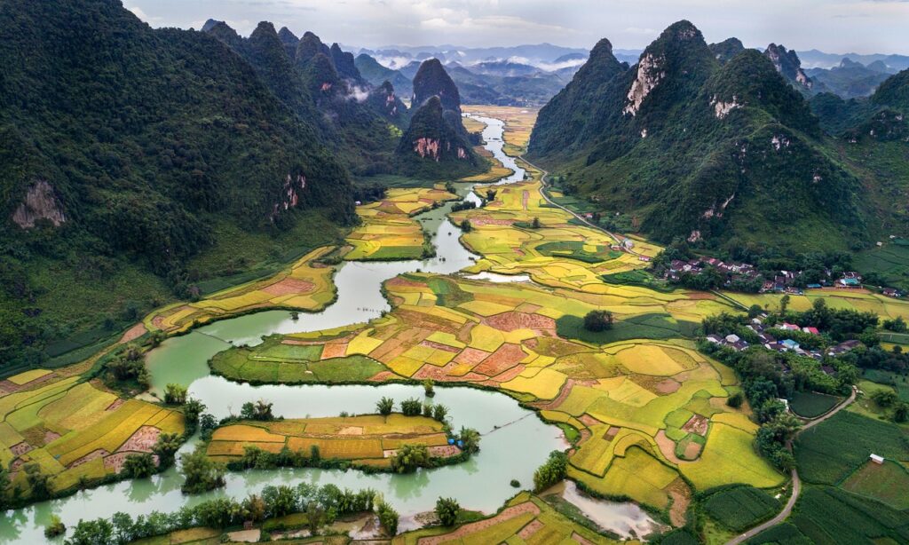 paisaje de arrozales y montañas en Vietnam